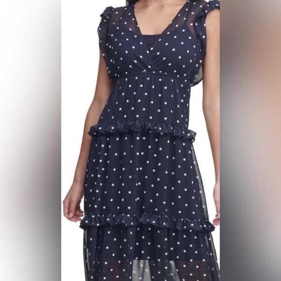 Women's Tommy Hilfiger Sleeveless Ruffled Tiered Polka Dot Maxi Dress Sz 4 navy - Picture 2 of 4